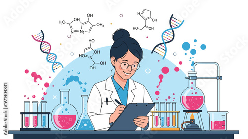 Female scientist is conducting experiments with colorful chemical solutions in a laboratory with test tubes and flasks.