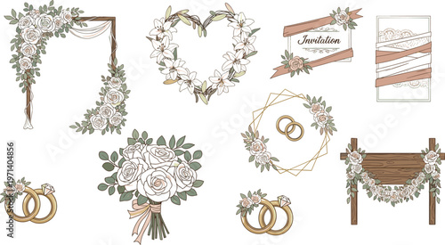 Wedding Invitation and Floral Decoration Set with Roses, Rings, and Elegant Frames for Bridal, Engagement, and Romantic Designs