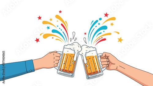 Two hands are clinking two large glasses of beer together with celebratory foam and colorful splashes in the background.