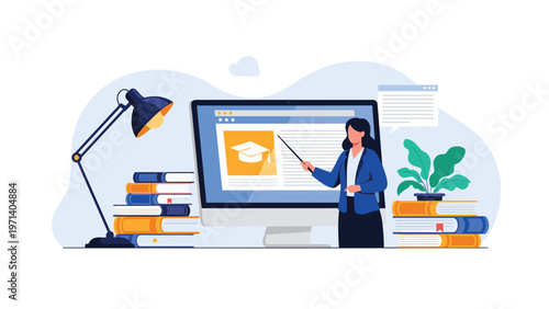 Female educator is teaching a lesson on a computer monitor with stacks of books and a desk lamp for online learning.