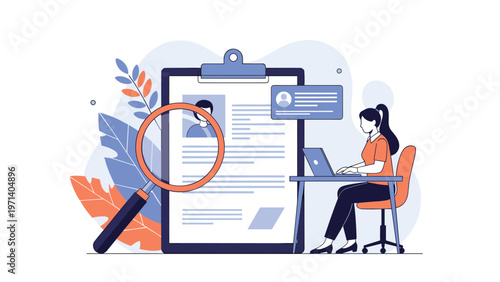 Person at a modern desk is reviewing a job application or resume on a clipboard with a laptop and a magnifying glass.