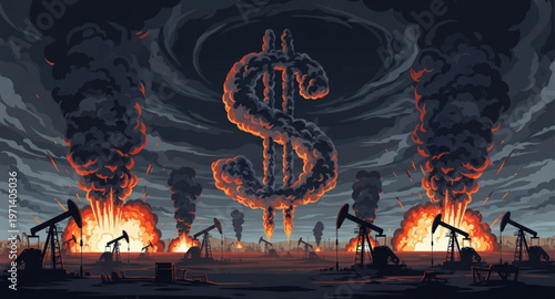 Apocalyptic Oil Field with Burning Sky Dollar Symbol