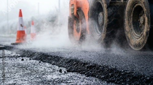 Obraz na plátne Heavy industrial steamroller machine pressing hot, steaming black asphalt during road construction