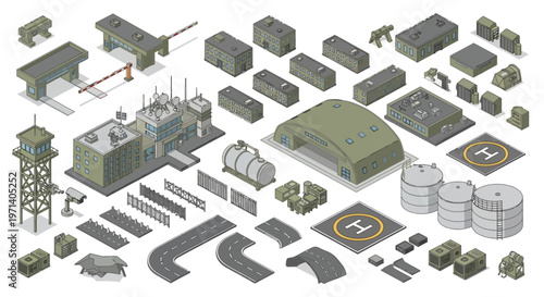 Isometric illustration presents a detailed military base design with various buildings and towers arranged on a white background, rendered in a 3D style with a slightly muted color palette