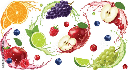 Fresh fruit splash vector composition with apple orange lime grapes berries juicy elements colorful food illustration isolated