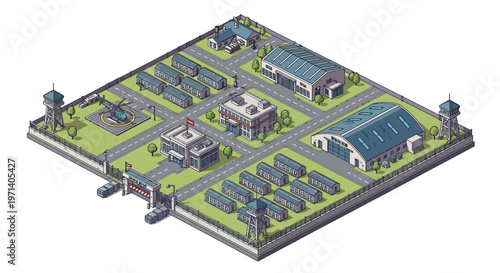 Isometric 3D illustration showcases a detailed military base design, complete with various buildings, towers, and vehicles arranged on a map-like computer board, all rendered with a clean