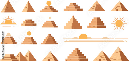 Ancient Egyptian pyramid set with desert landscapes, sun elements and geometric sandstone structures isolated on white background vector collection