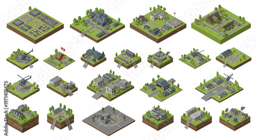Isometric 3D rendering showcases various military base layouts and buildings, presented in a detailed vector illustration on a white background, emphasizing a conceptual design
