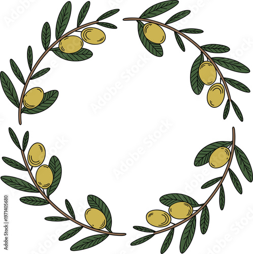 Olive branch wreath with green leaves and ripe olives forming circular frame in elegant botanical vector illustration design