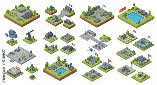 Isometric 3D illustration showing a military base design with various buildings and a control tower, presented on a conceptual map with a neutral color palette, providing a detailed