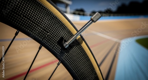 Close up of a track cycling wheel valve stem with textured tire and spokes on a velodrome