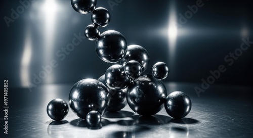 Clustered Metallic Spheres of Varying Sizes with Glossy Reflections on a Dark Surface