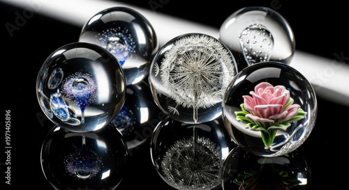 Gleaming crystal spheres featuring delicate dandelions and a pink rose, perfect for sophisticated home decor and office displays.