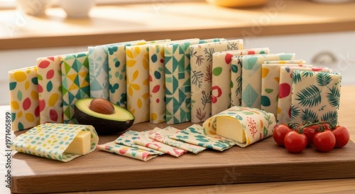 Collection of colorful reusable beeswax food wraps and food items displayed on a wooden surface