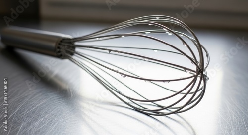 Gleaming Stainless Steel Whisk With Water Droplets Resting on a Reflective Surface