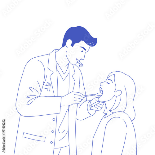Professional doctor examining female patient's open mouth with an oral mirror and tongue depressor. Dental check-up, throat examination illustration.