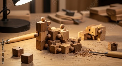 Intricately Carved Wooden Puzzle Pieces Assembled on a Workshop Bench Displaying Creative Design
