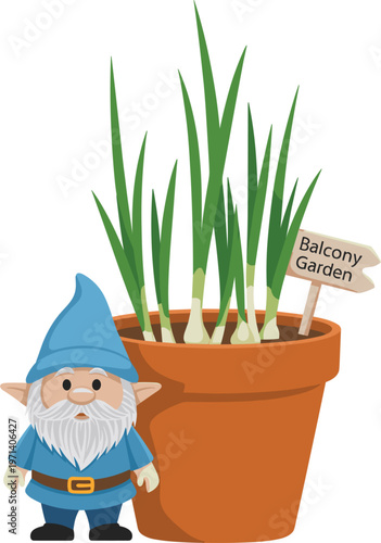 Balcony garden illustration with potted green plants and cute gnome character in colorful flat style home gardening design