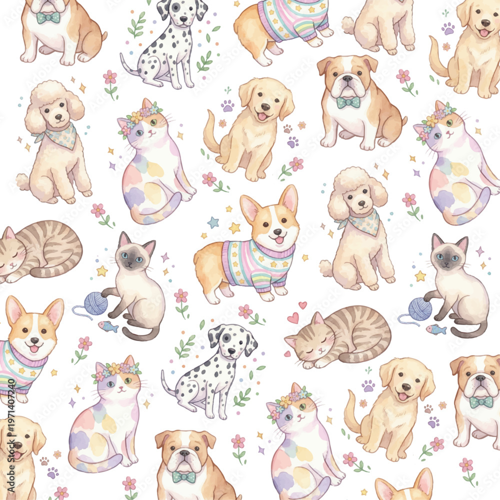 Fototapeta premium Watercolor Dog & Cat Seamless Pattern — Cute Pet Repeat Surface Design 