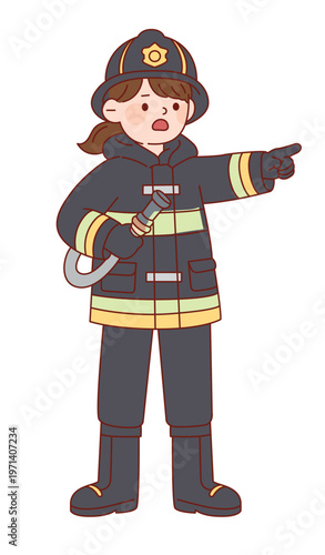 소방 호스를 들고 현장을 지시하는 여성 소방관 캐릭터 일러스트 Illustration of a Female Firefighter Character Holding a Fire Hose and Pointing