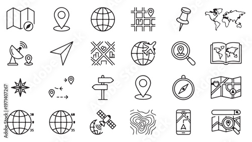 Comprehensive Set of Map, Navigation, and Travel Line Icons