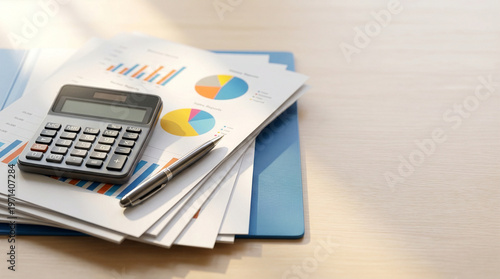 Calculator on report chart business document with pen on wooden table, financial analysis, budgeting and accounting concept