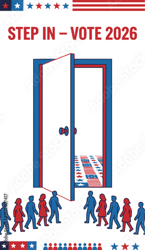 Modern Ballot Box Concept Poster for Midterm Election 2026 Voting Reminder, Creative Voting Ballot Illustration Poster for Midterm Election 2026 Awareness, Flat Ballot Box Design Poster for Midterm 