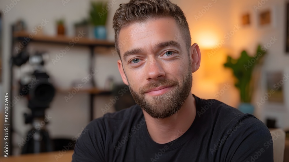 Obraz premium Confident man with a warm smile in a home studio looking directly at the with soft background lighting