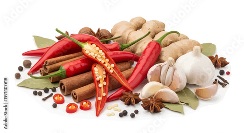 Assortment of vibrant spices and herbs for cooking.