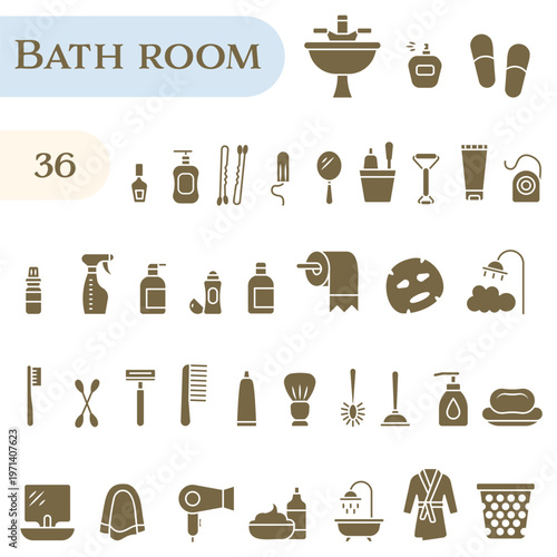 Bathroom icons. A monochrome icon set dedicated to the theme of bathrooms and hygiene products.