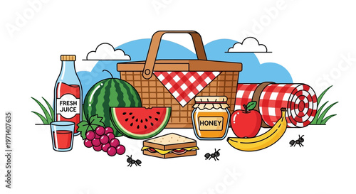 Colorful picnic food and drinks arranged.