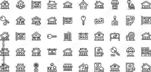 Real estate property and house sale line icon set featuring home rent key minimal outline vector collection
