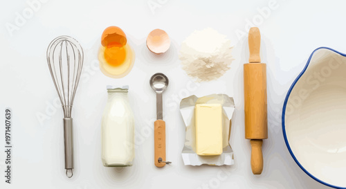 Baking Ingredients and Utensils Arranged Neatly.