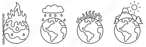 Linear style icons for climate change and global warming.