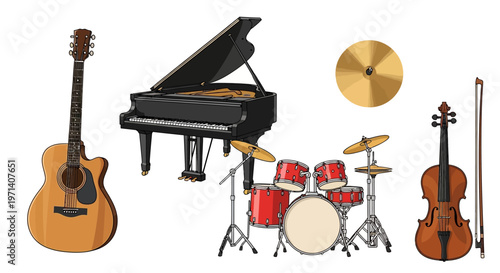 Collection of Musical Instruments Displayed Together.