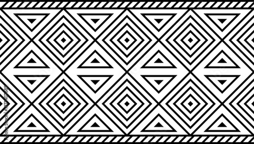 An abstract geometric seamless pattern featuring triangles and diamonds in black and white.