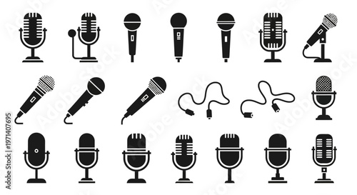 Various types of microphones and headsets.