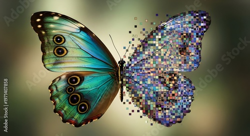 Digital transformation concept with a butterfly transitioning from natural wings to pixelated digital squares