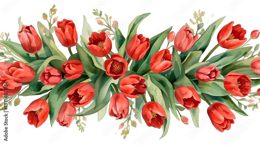 Obraz premium Vibrant Red Tulips Border Seamless Illustration with Green Leaves on White Background