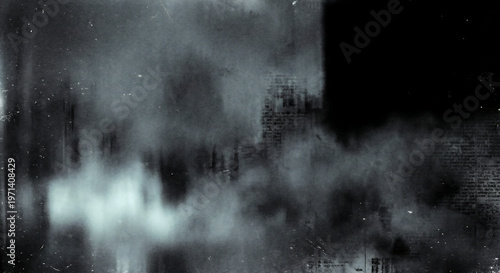 A dark and mysterious cityscape shrouded in smoke and fog at night