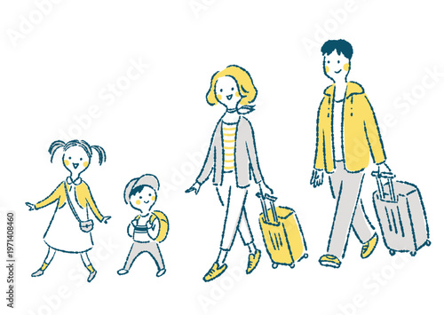 旅行に出かける4人家族の手描き風シンプルイラスト