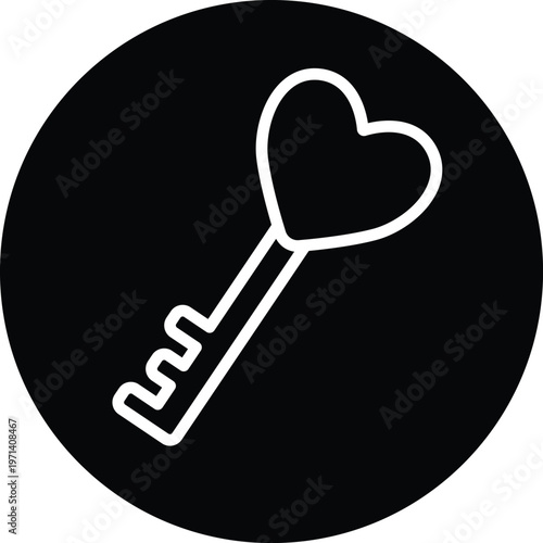 Heart shape key icon white line art on black circle background vector illustration element