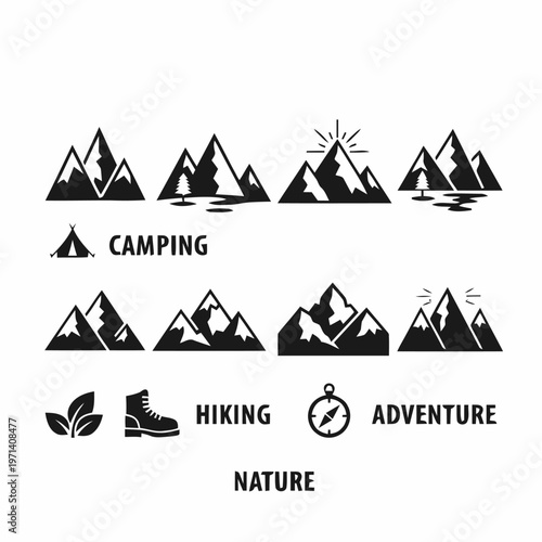 Set of graphic design elements for outdoor adventure camping, hiking, nature, and mountains with boot icon
