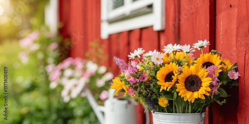 Bright Flowers in a Metal Bucket Displayed on a Red Barn Wall in a Garden Set...