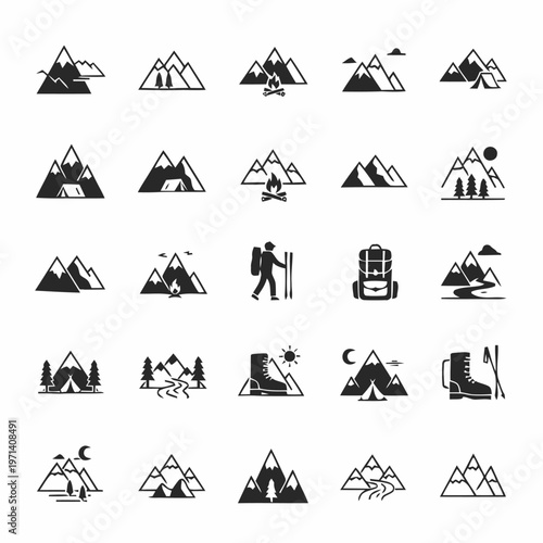 Collection of Mountain Landscape Silhouettes, Featuring Peaks, Camping, Hiking, and Outdoor Adventure Icons
