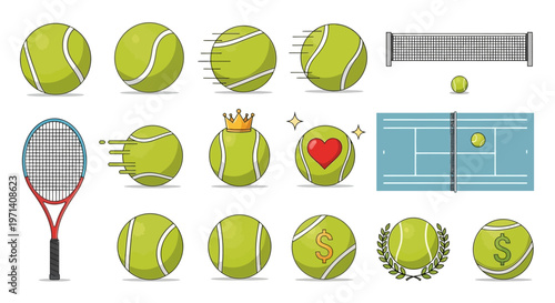 Tennis balls and racket icons set.