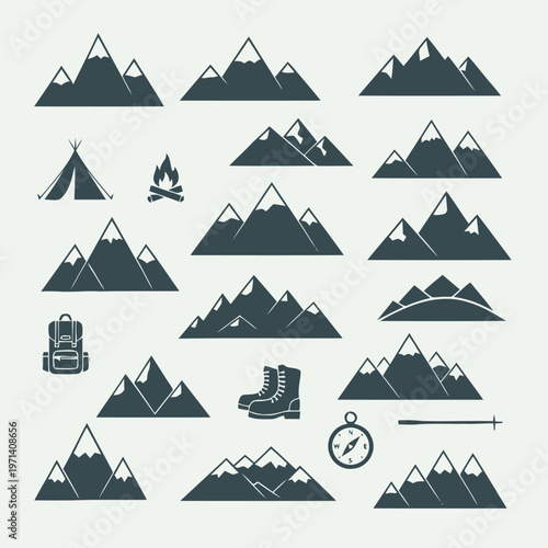 Collection of various mountain silhouettes, including camping gear like tents, bonfires, hiking boots, and navigation tools like compasses and poles