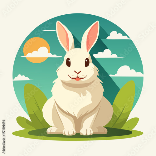 Cute white rabbit flat vector illustration in a sunny nature setting