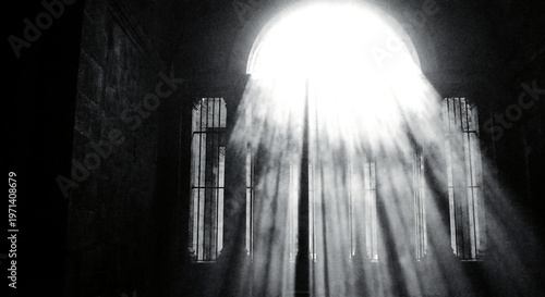 A dramatic beam of light shines through a dark window with bars