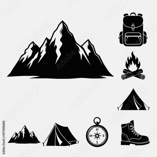 Collection of outdoor adventure and camping icons including mountains, tent, backpack, campfire, compass, and hiking boot